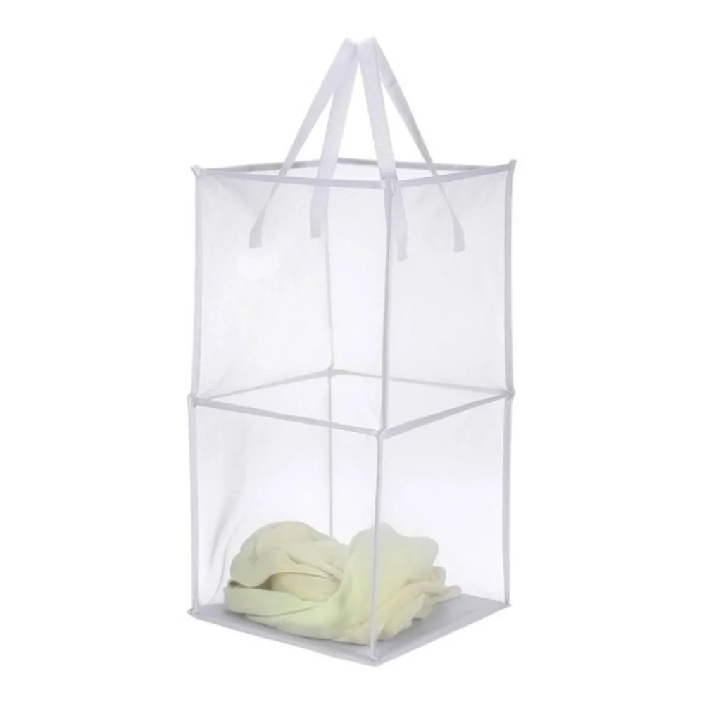 White Collapsible Mesh Laundry Hamper Foldable Polyester Bag with Handles VG